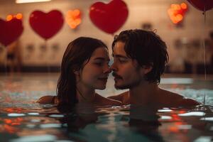 AI generated A couple in love is relaxing in a pool against a background of red balls in the form of hearts. Valentine's day photo