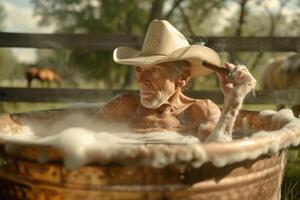 ai generado un vaquero en un sombrero con un cigarro es sentado en un bañera a su rancho foto