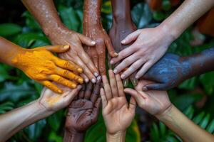 ai generado de cerca de un lote de manos de personas de diferente Razas . el concepto de amistad y internacionalismo foto