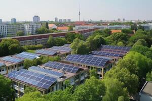 AI generated Solar panels are installed on large apartment buildings in residential neighborhoods photo