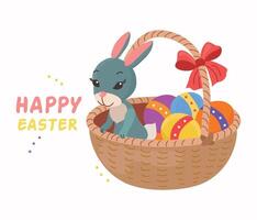 Easter rabbit in basket with eggs vector cartoon card illustration