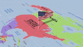 United States Flag Waving in Wind, World Map Rotating around Flag, Seamless Loop, 3D Rendering video
