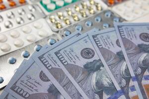 Health insurance cost in USA concept photo. US dollars and pills photo