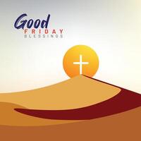 Good Friday typography with Easter scene, desert, mountains, and cross vector