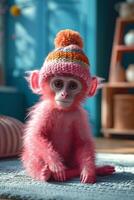 ai generado un rosado mono en un calentar sombrero sentado en un azul interior foto