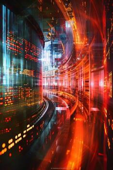 AI generated Modern railway tunnel with neon lighting photo