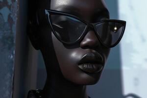 ai generado de cerca de un retrato de un atractivo africano hembra modelo en negro lentes foto