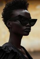 AI generated Close-up of a portrait of a glamorous African female model in black glasses photo