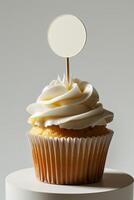 AI generated Cupcake with white cream and an inscription plate on a white background photo