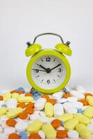 Taking pills or medical drugs on time background photo