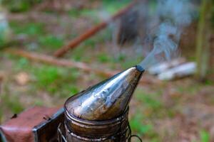 Bee smoker in the apiary in focus. Tools of apiculture or beekeeping photo