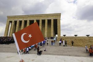 Anitkabir and Turkish Flag. Selective focus on the flag in Anitkabir photo