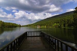 Wooden pier on the lake and forest with cloudy sky on the background photo