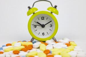 alarma reloj con pastillas utilizando medicamentos en Derecha hora concepto foto