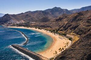 Top view of Las Teresitas beach with yellow sand. Near the city of Santa Cruz de Tenerife, Tenerife, Canary Islands photo