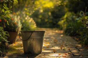 AI generated A galvanized metal bucket stands in the summer garden photo