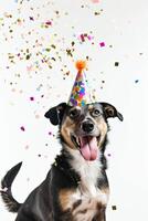 AI generated A dog as a surprise, with a triangular hood on his head and falling confetti on a white background photo