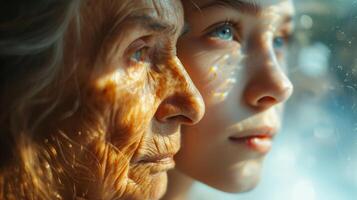 AI generated The face of a young girl and an elderly woman with wrinkles. The concept of aging and skin care photo