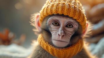 AI generated Funny monkey in a warm hat sitting in a home interior photo