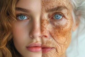 AI generated The face of a young girl and an elderly woman with wrinkles. The concept of aging and skin care photo