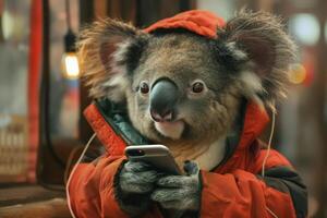 AI generated Portrait of a koala in clothes, holding a smartphone and sending a message in nature photo