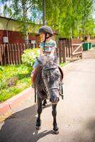 hermosa pequeño niña dos años antiguo montando poni caballo en grande la seguridad jockey casco posando al aire libre en campo foto