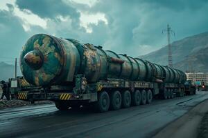 AI generated Nuclear warhead being transported under heavy security measures, highlighting the secrecy and caution surrounding the handling of nuclear weapons photo