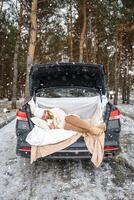 joven mujer en de lana sombrero tener un divertido en el maletero de el coche. invierno viajar, cubierto de nieve arboles en el bosque. Nevado clima. foto