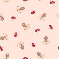 Ditsy mushroom and squirrel illustration seamless repeating pattern vector