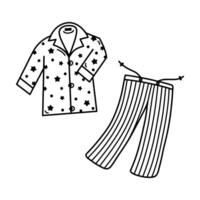 Pajamas vector icon. Soft comfortable night cardigan with stars, long sleeves. Striped cotton pants with drawstrings. Nightwear for sleep, slumber party, dreaming. Hand drawn doodle isolated on white