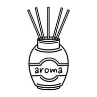 Aroma diffuser vector icon. Glass jar with a label, fragrant oil, bamboo sticks. Perfume for meditation, refreshment, aromatherapy. Hand drawn black doodle isolated on white. Clipart for print, web