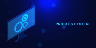 Process system concept. Technical support system, software update or upgrade with computer screen and gears on dark blue background. Vector illustration.