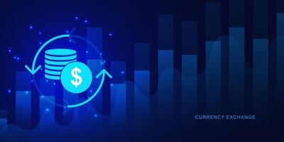 Currency exchange concept with graph chart and dollar coin. Forex trading, financial markets and global economy design background. Vector illustration.