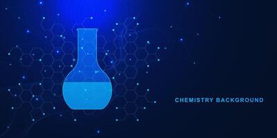 química concepto con laboratorio matraz. molecular estructura y brillante partículas medicamento, Ciencias y tecnología innovación diseño antecedentes. vector ilustración.