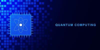 Quantum computing concept with microchip processor. Large data processing and database. Central computer processor CPU on blue technology background. Vector illustration.