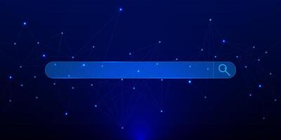 Internet browsing and online research with connecting dots and lines. Digital information concept with search bar on dark blue background. Vector illustration.