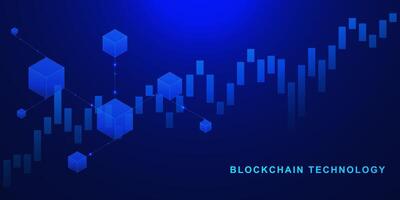 Blockchain technology with candlestick chart graph and digital linked block contain cryptography and transaction data on a futuristic technology background. Vector illustration.