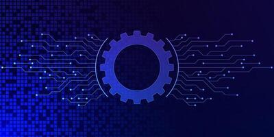 Futuristic gear with electronic circuit board and digital pixels on dark blue background. Hi-tech, digital telecoms and engineering concept. Vector illustration.