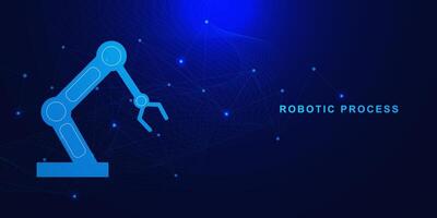 Smart technology manufacturing process with futuristic robotic arm. Industry 4.0 concept. Robotic production line on smart factory on dark blue background. Vector illustration.