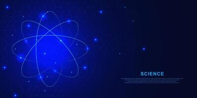 Nuclear atom hologram with molecular structure for science and technology concept on dark blue background. Vector illustration.