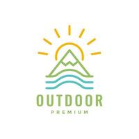 naturaleza acampar tienda fiesta agua mar montaña puesta de sol línea mínimo estilo vistoso logo diseño vector icono ilustración