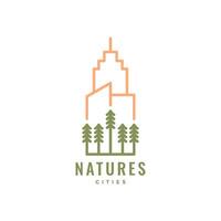 arboles bosque con edificio ciudad naturaleza línea estilo mínimo sencillo hipster logo diseño vector icono ilustración