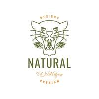 nature wildlife beast roar panther leaves forest jungle line style hipster minimal logo design vector icon illustration