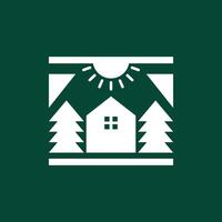 house forest pine trees sunburst simple flat clean modern logo design vector icon illustration