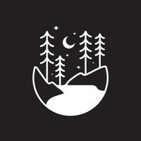 naturaleza al aire libre bosque río arboles noche creciente estrellas minimalista estilo línea pegatina logo diseño vector icono ilustración