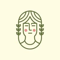mujer retrato largo pelo belleza femenino redondeado naturaleza hojas líneas sencillo estilo minimalista pegatina mascota logo diseño vector icono ilustración