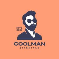 joven hombre frio retrato barbado con Gafas de sol aislado Clásico retro hipster estilo logo diseño vector icono ilustración