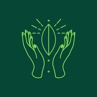 manos esperanza hojas naturaleza planta verde rayos de sol mínimo sencillo limpiar plano línea logo diseño vector icono ilustración