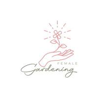 female hand with flower growth feminine line style simple logo design vector icon illustration