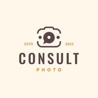 camera lens photography consulting bubble chat talk simple line style hipster vintage logo design vector illustration